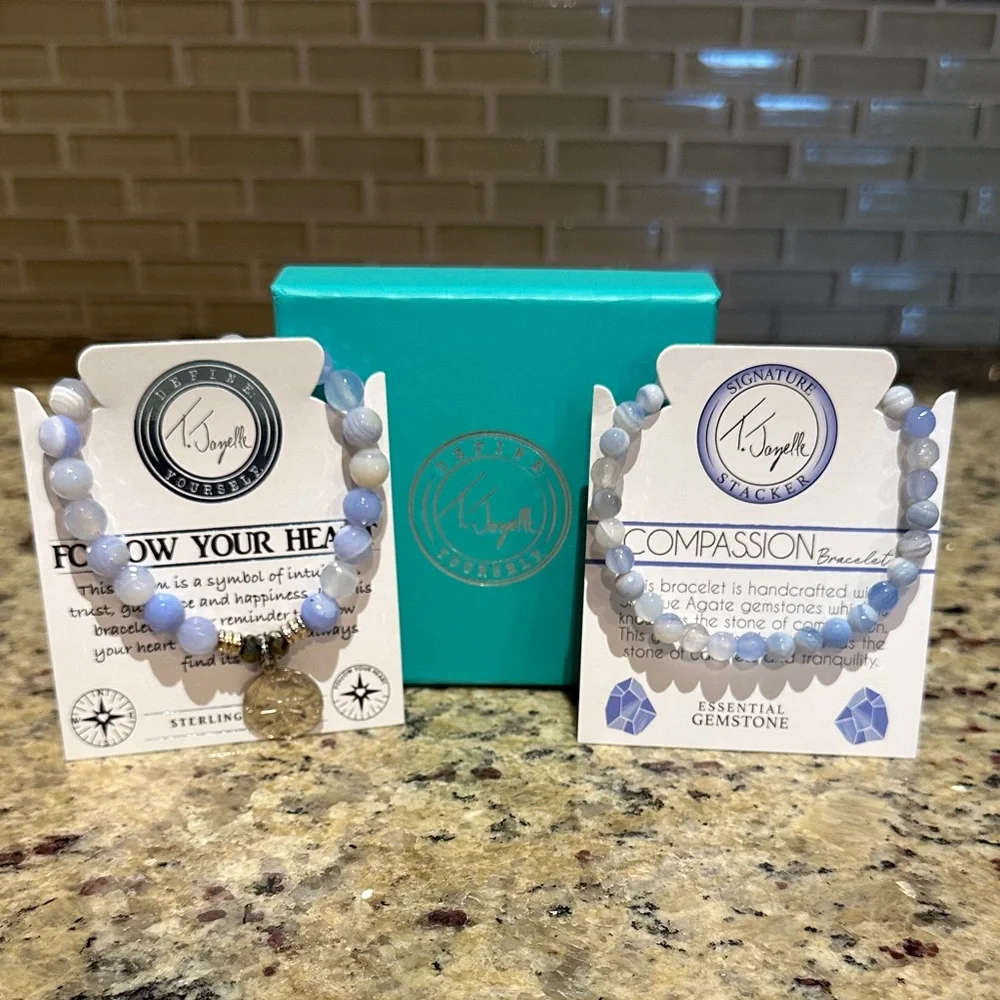 T. Jazelle Sky Blue Agate Bracelet Set - 6mm and 8mm Bracelet with Charm